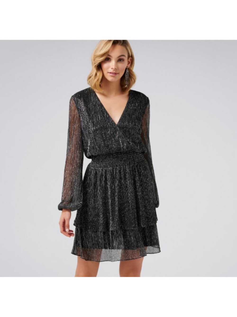 Ever new Black Sparkle Tiered V-Neck Long Sleeve Dress
